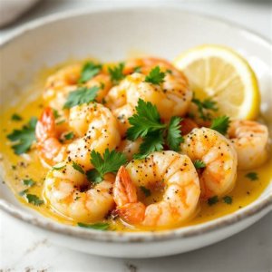 Overhead shot of butter, shrimp, and garlic cooking in a stainless steel skillet