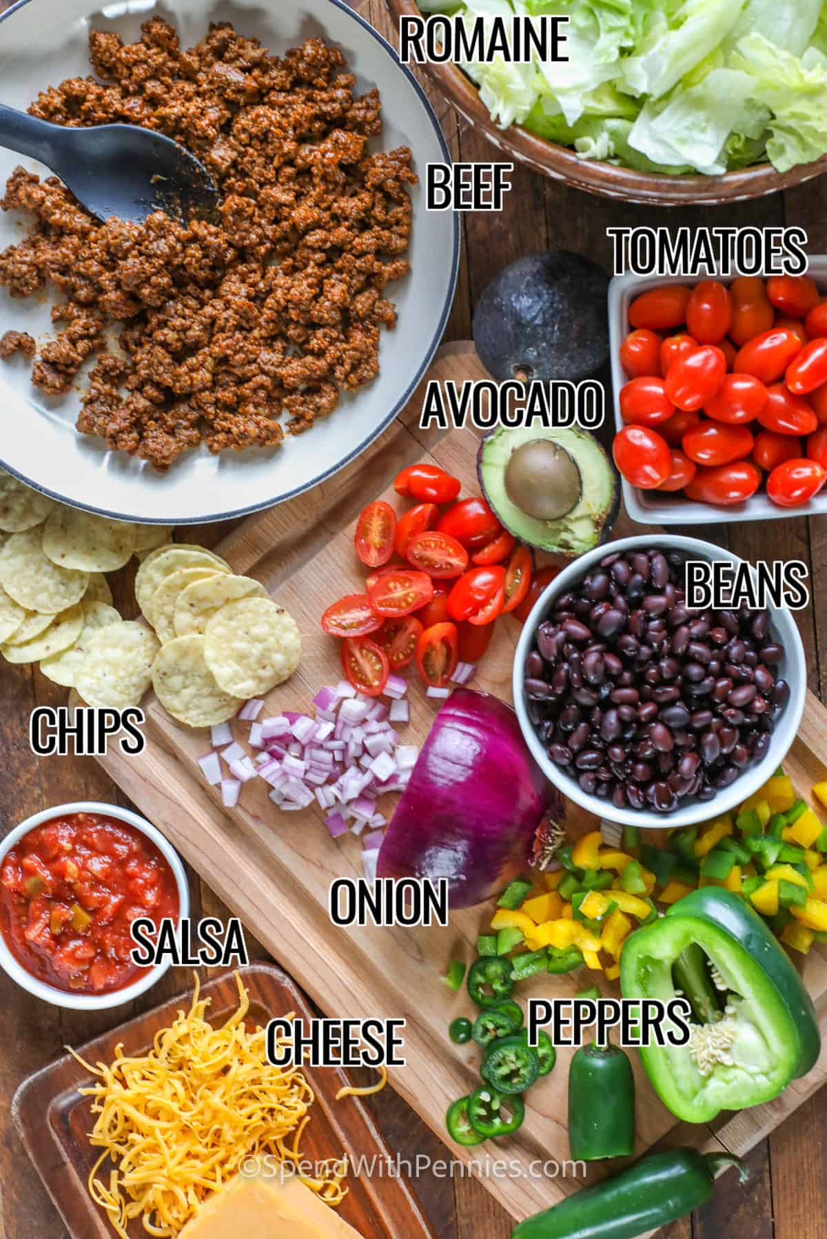 beef, beans , cheese and vegetables to make Taco Salad with labels