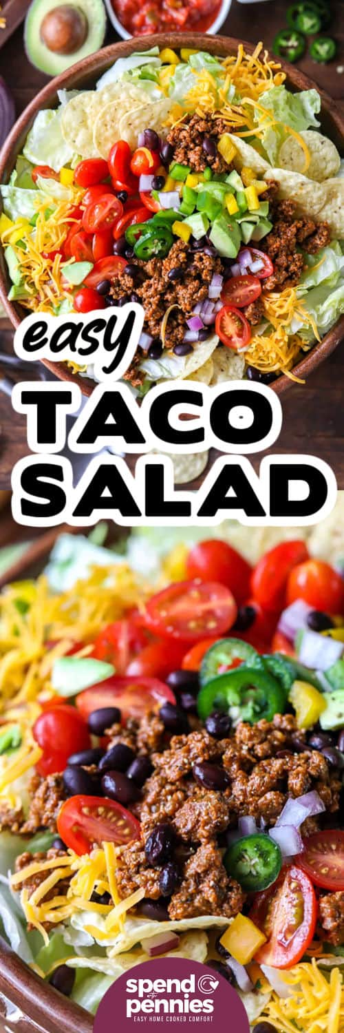 Easy Taco Salad in a bowl and close up photo with a title