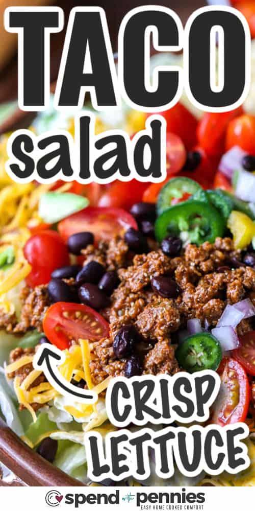 Easy Taco Salad with crisp lettuce and writing
