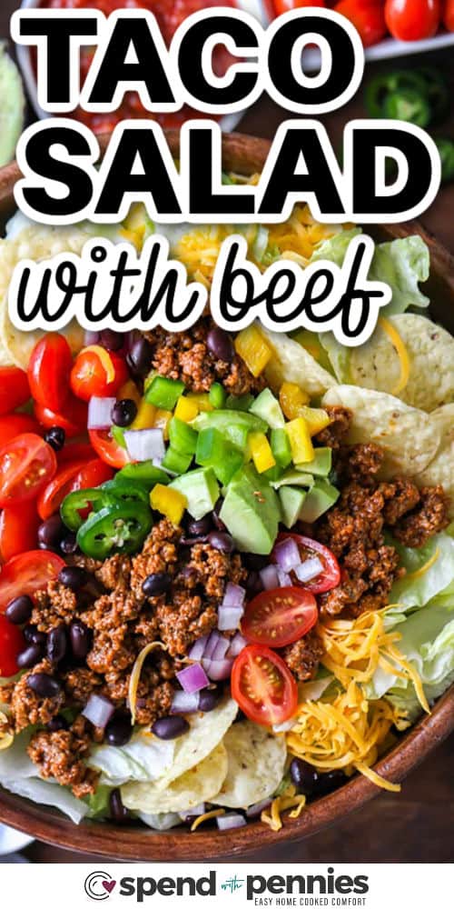 Easy Taco Salad with beef and writing